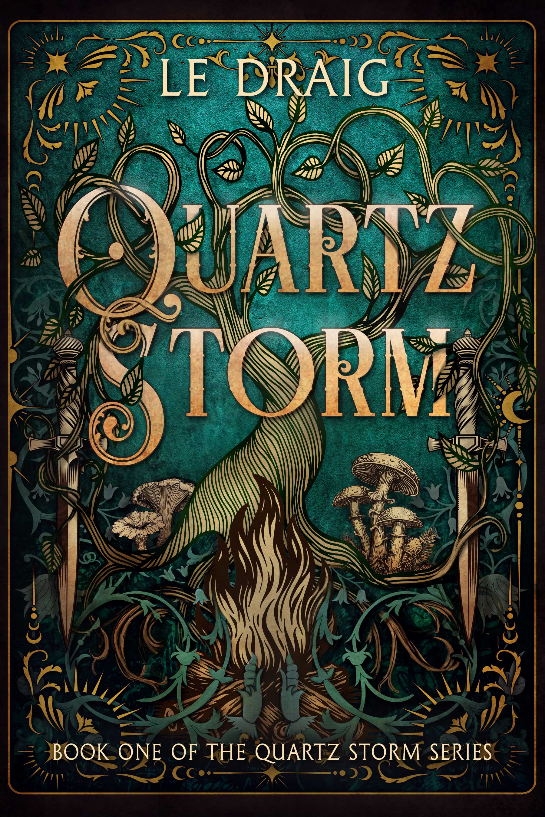 Quartz Storm book cover. Words can't do this stunning art justice, but I'll try!

The colour scheme is a dark turquoise, black, and gold. The background is a mottled turquoise, fading to black at the edges. Quartz Storm is in large gold ornate letters with a stylised tree wrapped about its letters. A campfire is at the base of the tree, with fungi and daggers to either side. The tree roots and branches intertwine about the daggers to meet about half way up the illustration. Ornate gold corners and a border, along with further turquoise detailing surrounds the book edges.

At the top is written the author name, LE Draig, and at the base, book one of the Quartz Storm series
